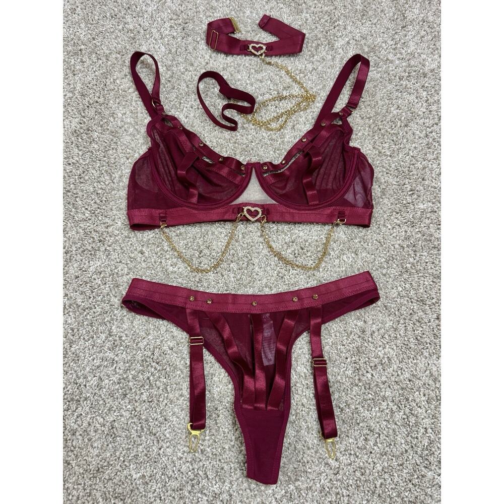 Burgundy 4pc Lace Rhinestone Heart Lingerie Set Robe Bra Garter Thong Choker M/L - Picture 5 of 10